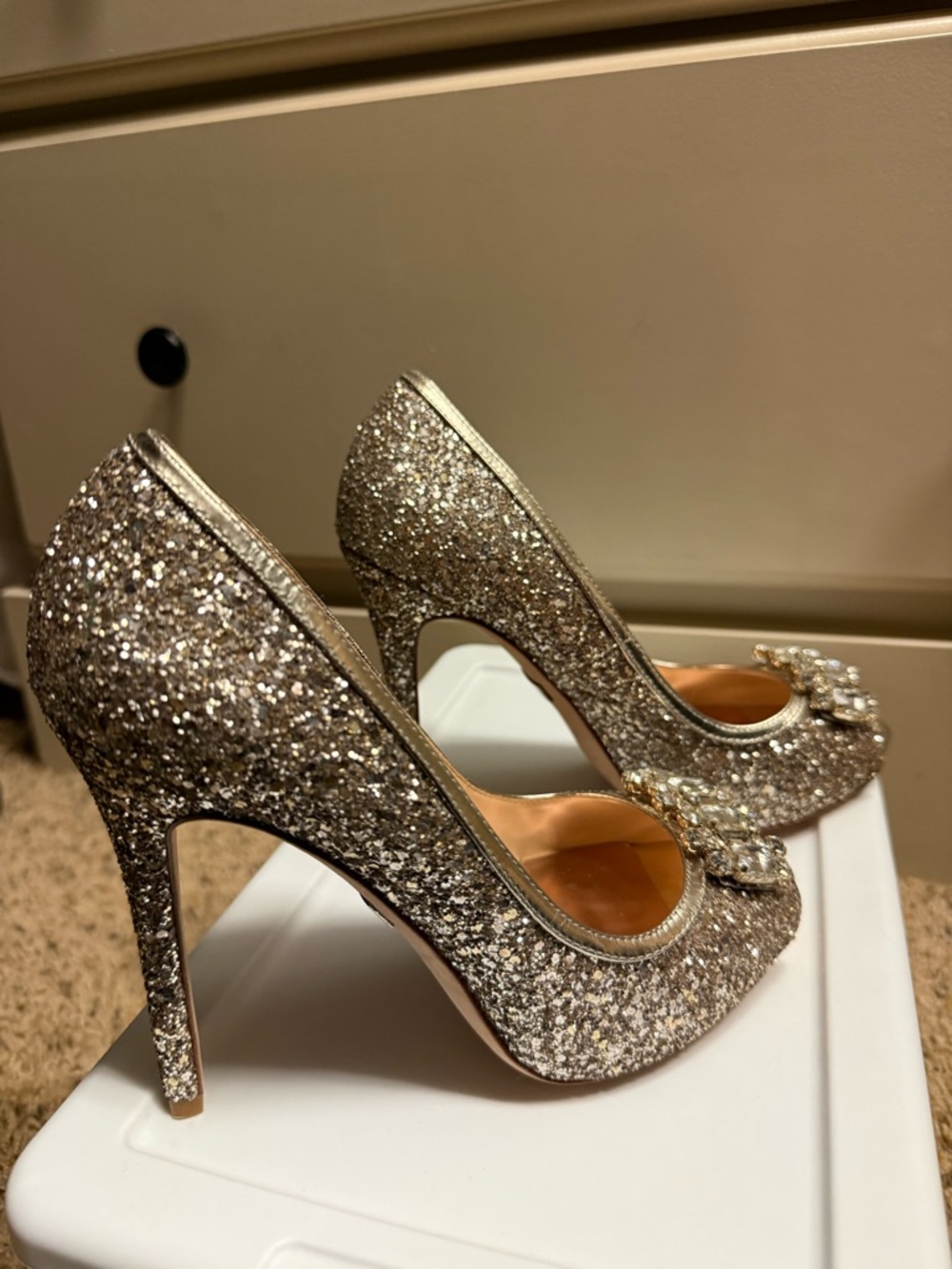 Badgley Mischka Rose Gold Glitter Peep-Toe Pumps with Crystal Accent - Picture 4 of 7